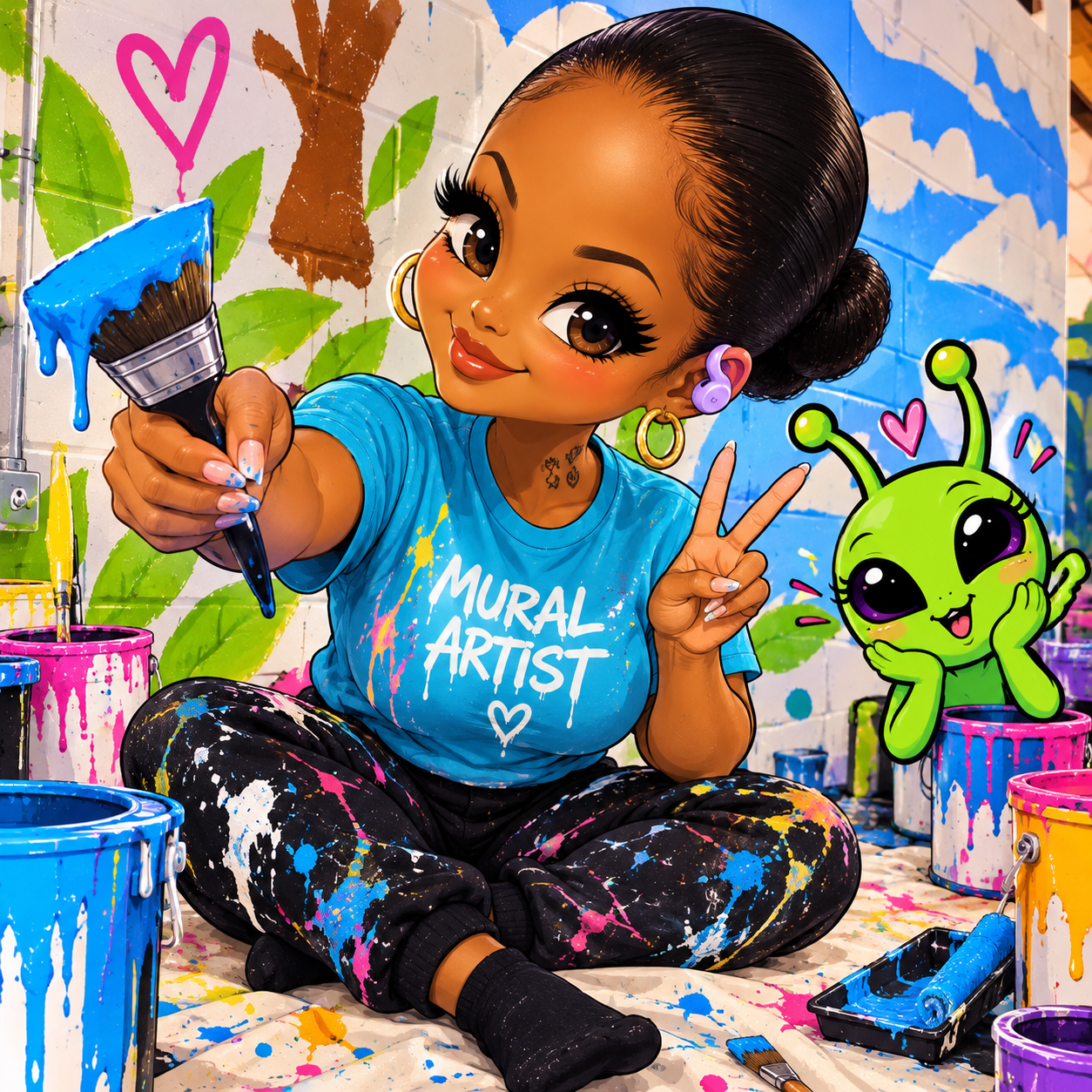 chibi mural artist with alien sidekick